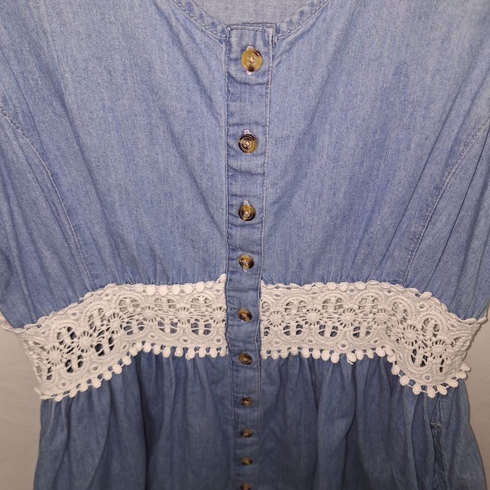 Cottagecore Dress 100% Cotton Sleeveless Prairie Denim Crochet Lace Pockets M - Picture 11 of 12